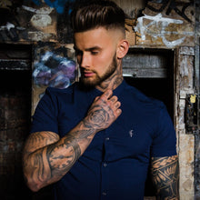 Load image into Gallery viewer, Father Sons Super Slim Stretch Classic Navy Grandad Collar Short Sleeve - FS182