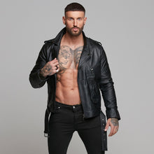 Load image into Gallery viewer, Father Sons Black Leather Jacket with Belt Detail - FSH313