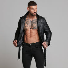 Load image into Gallery viewer, Father Sons Black Leather Jacket with Belt Detail - FSH313