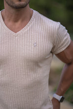 Load image into Gallery viewer, Father Sons Classic Beige / Gunmetal V Neck Ribbed Crew - FSH439 (Pre order / Dispatch date 12th August)