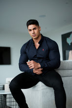 Load image into Gallery viewer, Father Sons Super Slim Stretch Navy & Red Ditsy Print Long Sleeve (Red Embroidery) - FS092R