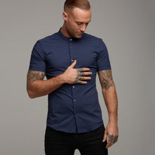 Load image into Gallery viewer, Father Sons Super Slim Stretch Classic Navy Grandad Collar Short Sleeve - FS182
