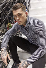 Load image into Gallery viewer, Father Sons Super Slim Stretch Black &amp; White Stripe Drip Print Long Sleeve - FS677
