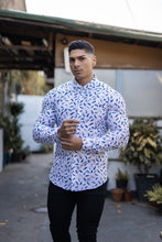 Load image into Gallery viewer, Father Sons Super Slim Stretch Blue Feather Print Button Down - FS595
