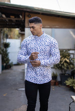 Load image into Gallery viewer, Father Sons Super Slim Stretch Blue Feather Print Button Down - FS595
