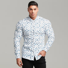 Load image into Gallery viewer, Father Sons Super Slim Stretch Blue Feather Print Button Down - FS595
