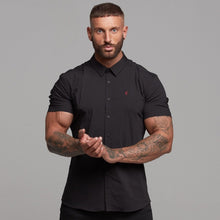 Load image into Gallery viewer, Father Sons Super Slim Ultra Stretch Black Short Sleeve Shirt (Red embroidery) - FS355

